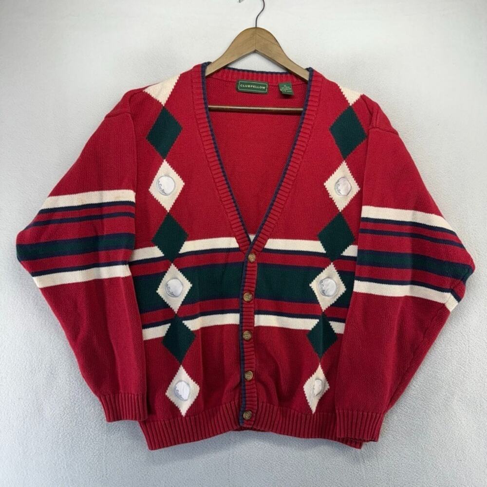Vintage Golf Sweater Men's XL Red Geometric Cardigan Diamond Striped Grandpa 90s